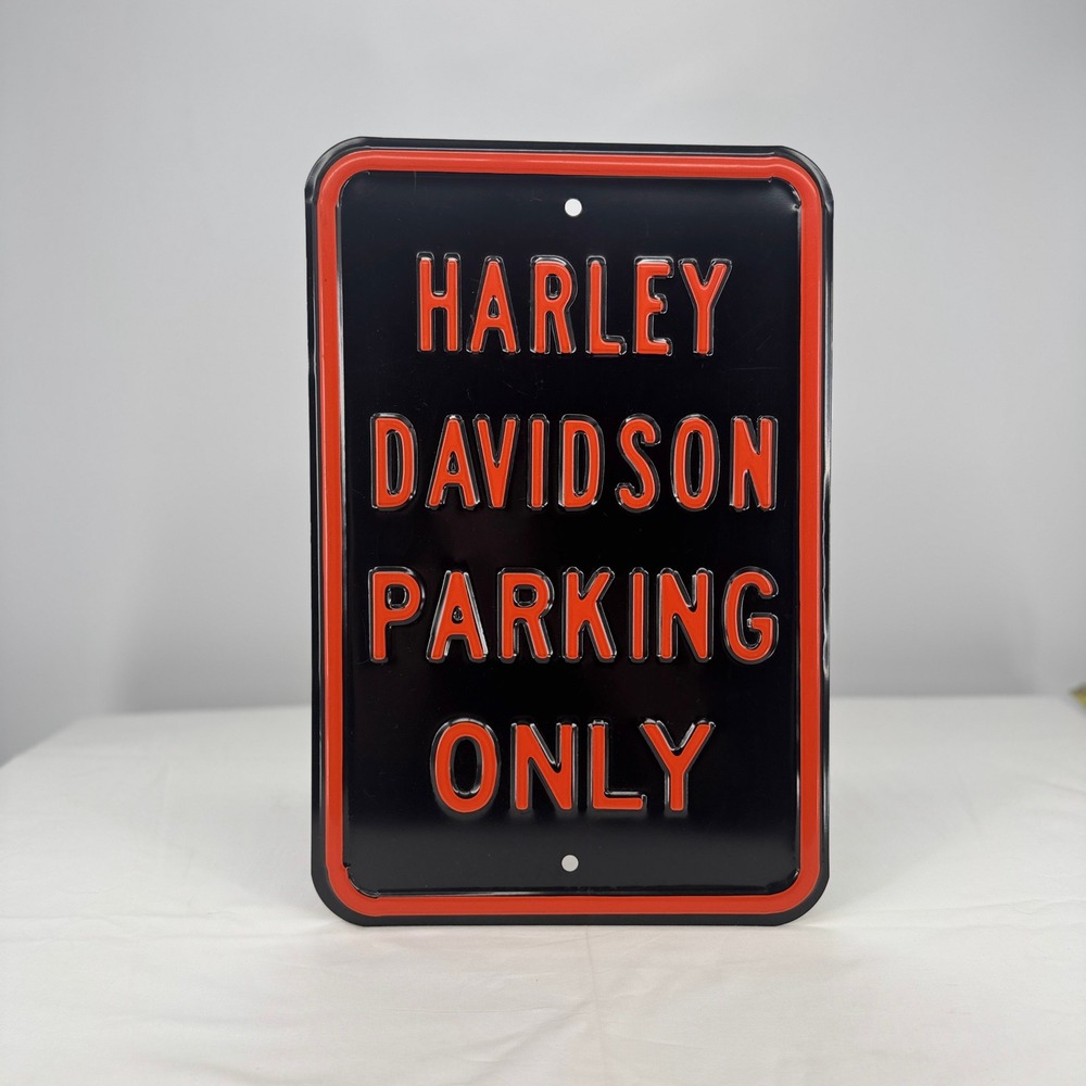 Harley Davidson Parking Only HEAVY Metal Sign Embossed 12X18 Garage Black Orange